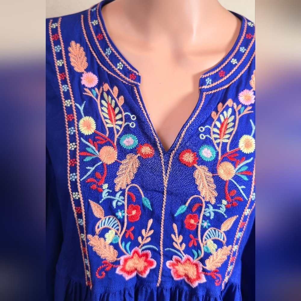 Solitaire Royal Blue Embroidered Bohemian Peasant Dress With Pockets Size Large - Picture 9 of 13